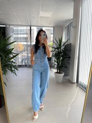 Np 357 Mavi Denim Düğmeli Tulum