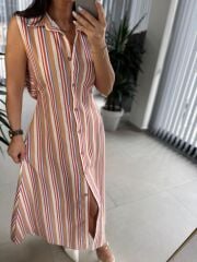 Bb 28954 Floş Keten Kahve Çizgili Gömlek Elbise