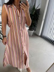 Bb 28954 Floş Keten Kahve Çizgili Gömlek Elbise