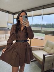 Mk 178 Tensel A.Kahve Kemerli Gömlek Elbise