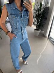Np 357 Mavi Denim Düğmeli Tulum