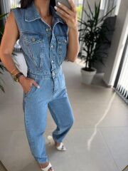 Np 357 Mavi Denim Düğmeli Tulum