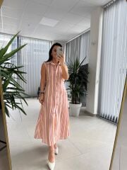 Bb 28954 Floş Keten Kahve Çizgili Gömlek Elbise