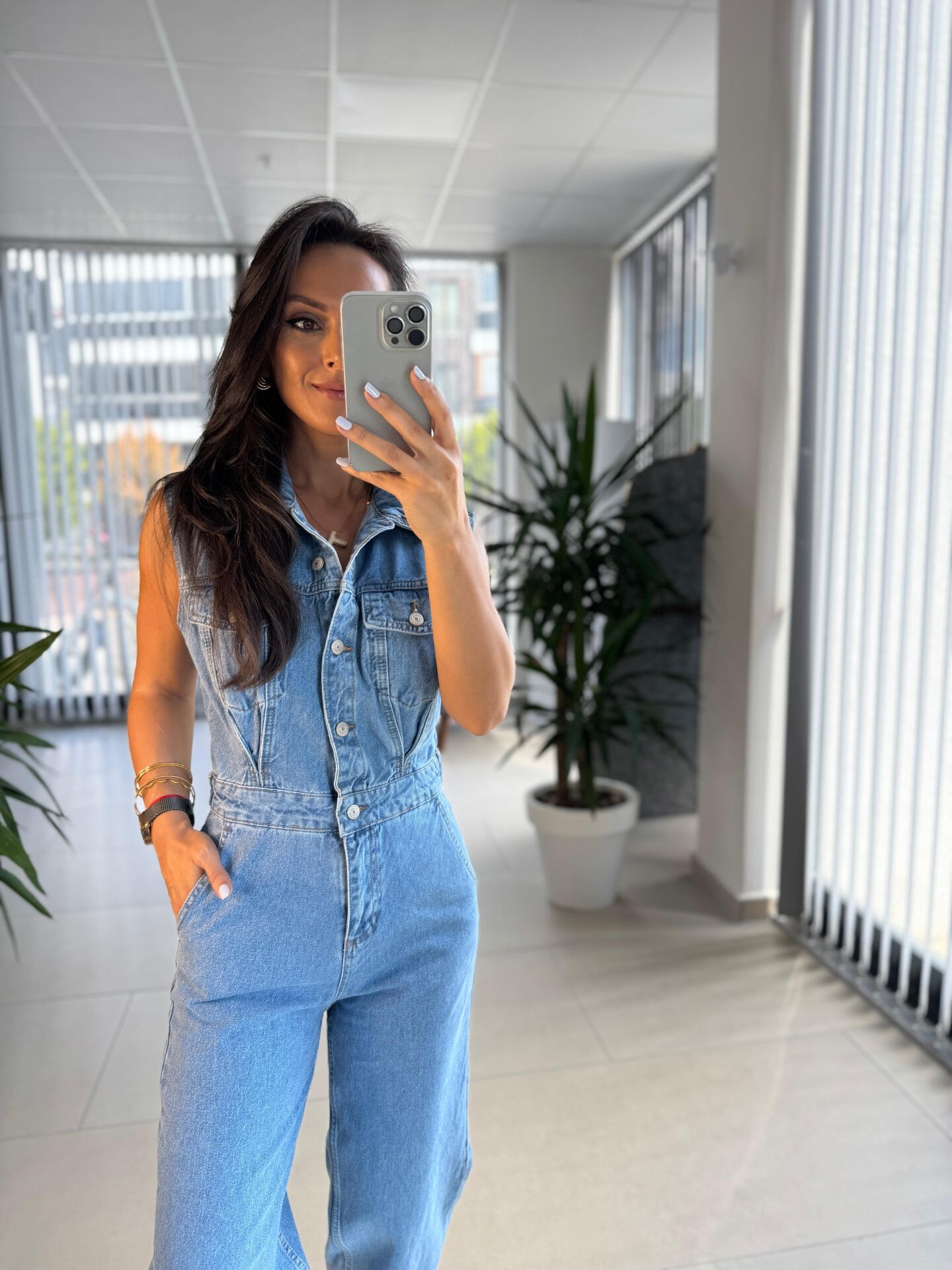 Np 357 Mavi Denim Düğmeli Tulum