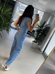 Np 357 Mavi Denim Düğmeli Tulum