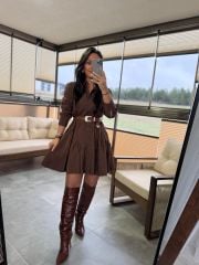 Mk 178 Tensel A.Kahve Kemerli Gömlek Elbise