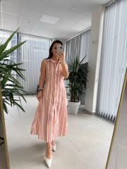 Bb 28954 Floş Keten Kahve Çizgili Gömlek Elbise