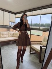 Mk 178 Tensel A.Kahve Kemerli Gömlek Elbise