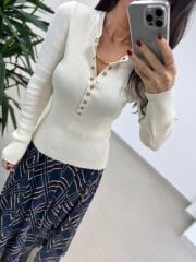 Mz 22823 Ekru Gold Düğmeli Triko