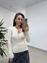 Mz 22823 Ekru Gold Düğmeli Triko