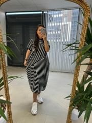 Dr 2597 New Kısa Kol Siyah Çizgili Elbise