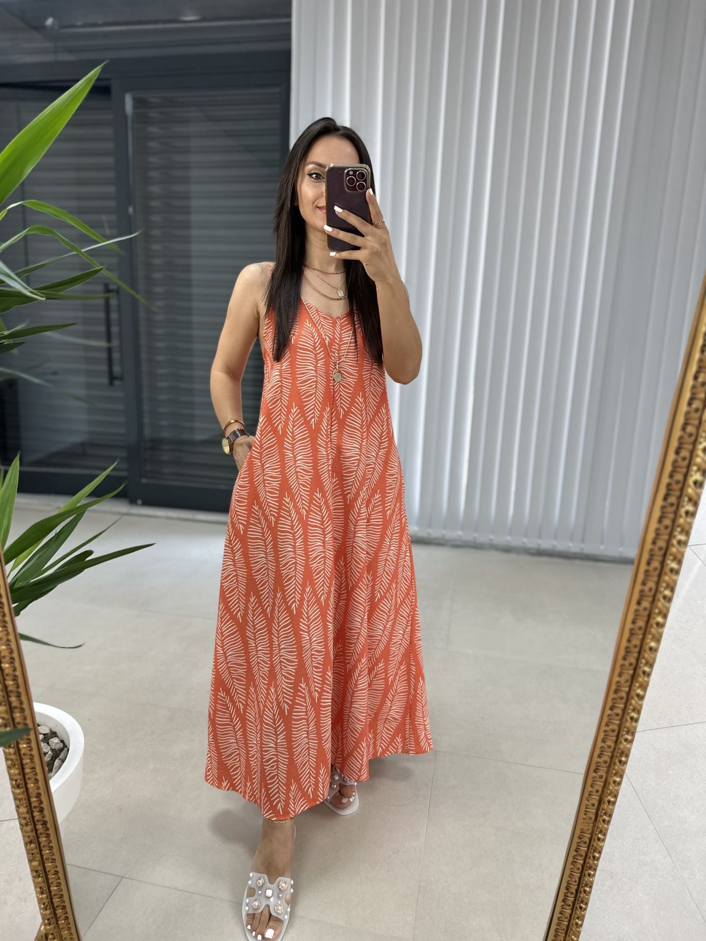 Ms Turuncu Askılı Keten Elbise