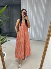 Ms Turuncu Askılı Keten Elbise