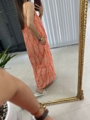 Ms Turuncu Askılı Keten Elbise