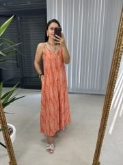 Ms Turuncu Askılı Keten Elbise