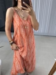 Ms Turuncu Askılı Keten Elbise