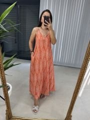 Ms Turuncu Askılı Keten Elbise
