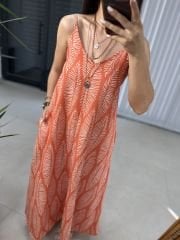 Ms Turuncu Askılı Keten Elbise