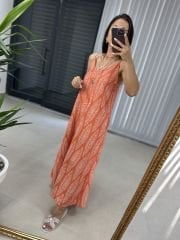 Ms Turuncu Askılı Keten Elbise