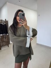 Po 2731 Manşet Detaylı Yandan Yırtmaçlı Oversize Haki Triko