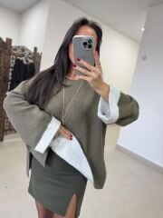 Po 2731 Manşet Detaylı Yandan Yırtmaçlı Oversize Haki Triko