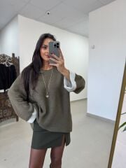 Po 2731 Manşet Detaylı Yandan Yırtmaçlı Oversize Haki Triko