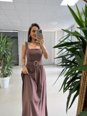 Fp 3418 Pamuk Keten Kare Yaka Cepli Kahve Elbise
