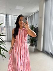 Bb 28954 Floş Keten Pembe Çizgili Gömlek Elbise