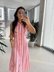 Bb 28954 Floş Keten Pembe Çizgili Gömlek Elbise