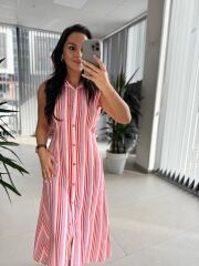 Bb 28954 Floş Keten Pembe Çizgili Gömlek Elbise
