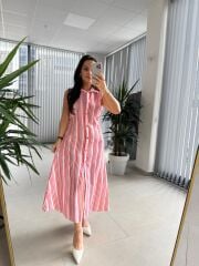 Bb 28954 Floş Keten Pembe Çizgili Gömlek Elbise