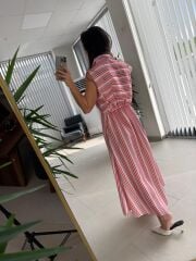 Bb 28954 Floş Keten Pembe Çizgili Gömlek Elbise