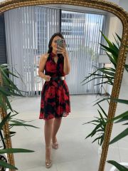My 3234 Kırmızı Düğme Detaylı Şifon Elbise