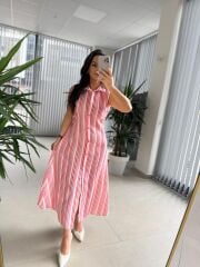Bb 28954 Floş Keten Pembe Çizgili Gömlek Elbise