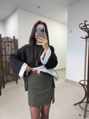 P0 2731 Manşet Detaylı Yandan Yırtmaçlı Oversize A.Kahve Triko