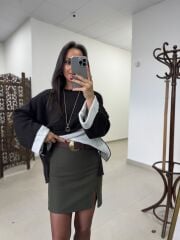 P0 2731 Manşet Detaylı Yandan Yırtmaçlı Oversize A.Kahve Triko