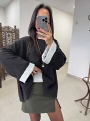 P0 2731 Manşet Detaylı Yandan Yırtmaçlı Oversize A.Kahve Triko