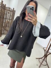 P0 2731 Manşet Detaylı Yandan Yırtmaçlı Oversize A.Kahve Triko