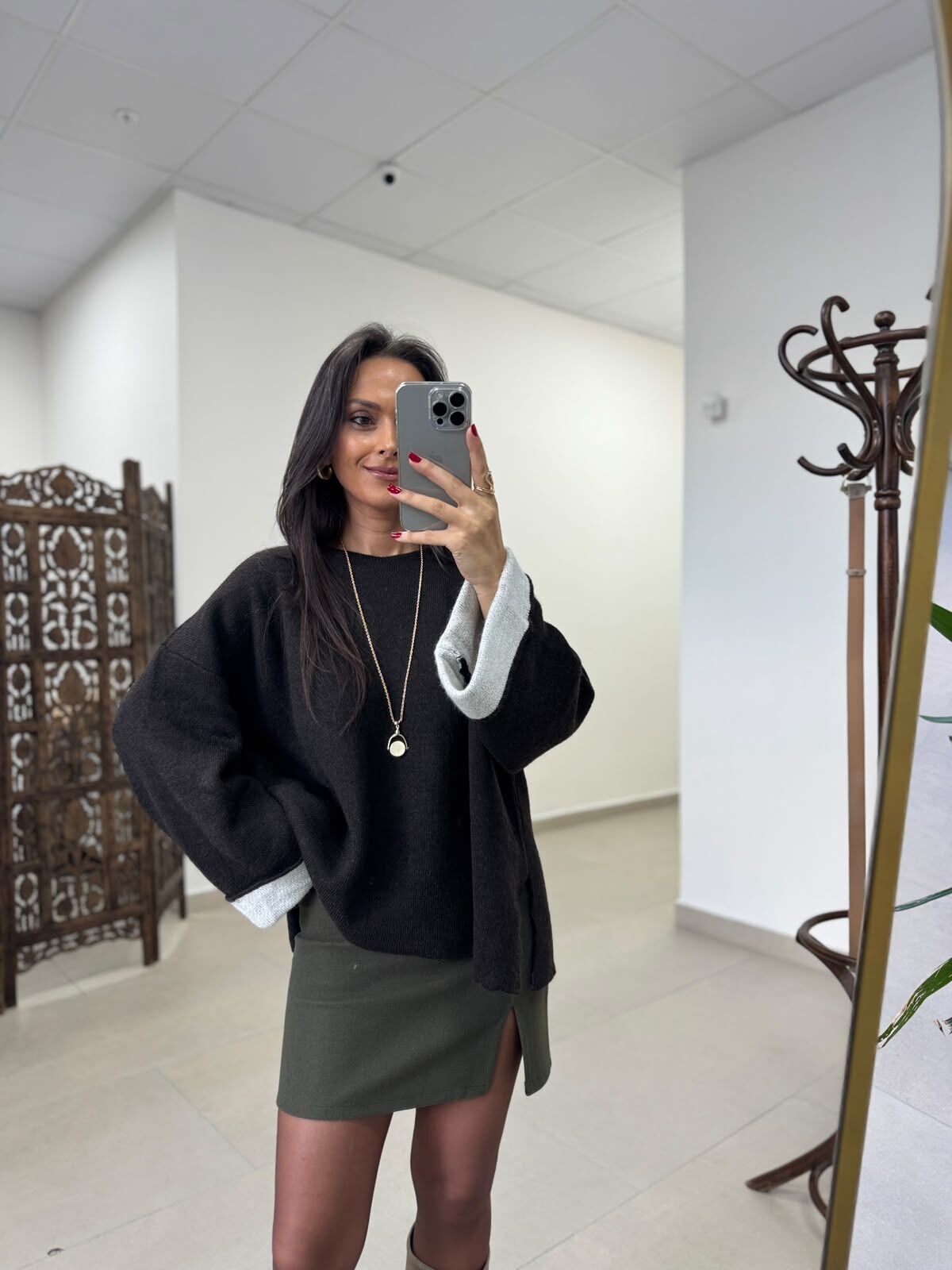 P0 2731 Manşet Detaylı Yandan Yırtmaçlı Oversize A.Kahve Triko