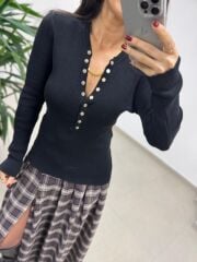 Mz 22823 Siyah Gold Düğmeli Triko