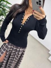 Mz 22823 Siyah Gold Düğmeli Triko