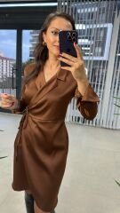 Yandan Bağlamalı Kahve Saten Elbise