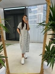 Dr 2597 New Kısa Kol Beyaz Çizgili Elbise