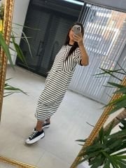 Dr 2597 New Kısa Kol Beyaz Çizgili Elbise