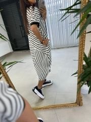 Dr 2597 New Kısa Kol Beyaz Çizgili Elbise