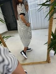 Dr 2597 New Kısa Kol Beyaz Çizgili Elbise