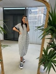 Dr 2597 New Kısa Kol Beyaz Çizgili Elbise