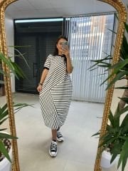 Dr 2597 New Kısa Kol Beyaz Çizgili Elbise