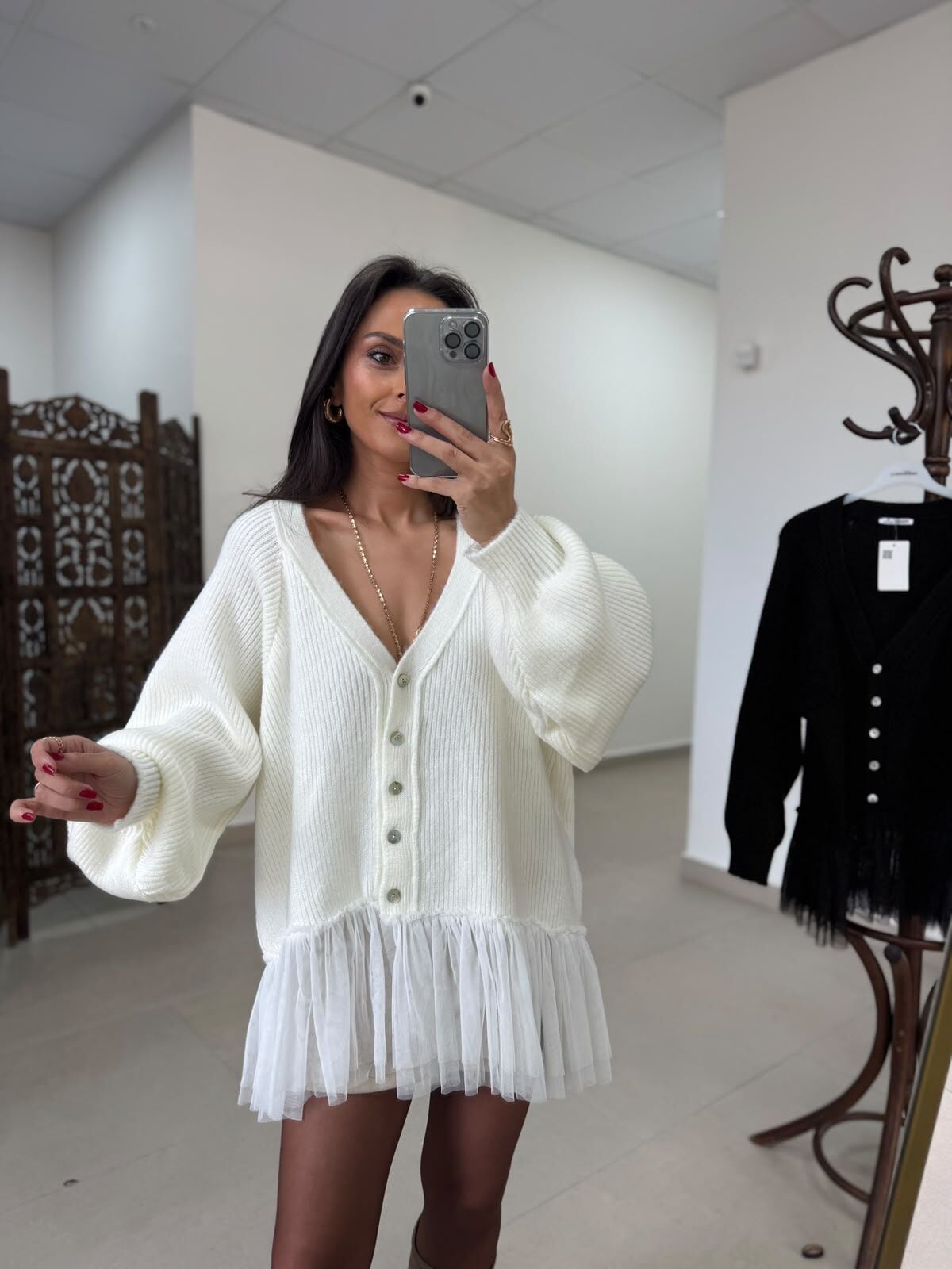Po 2839 Tül Etek Detaylı Ekru Triko Hırka