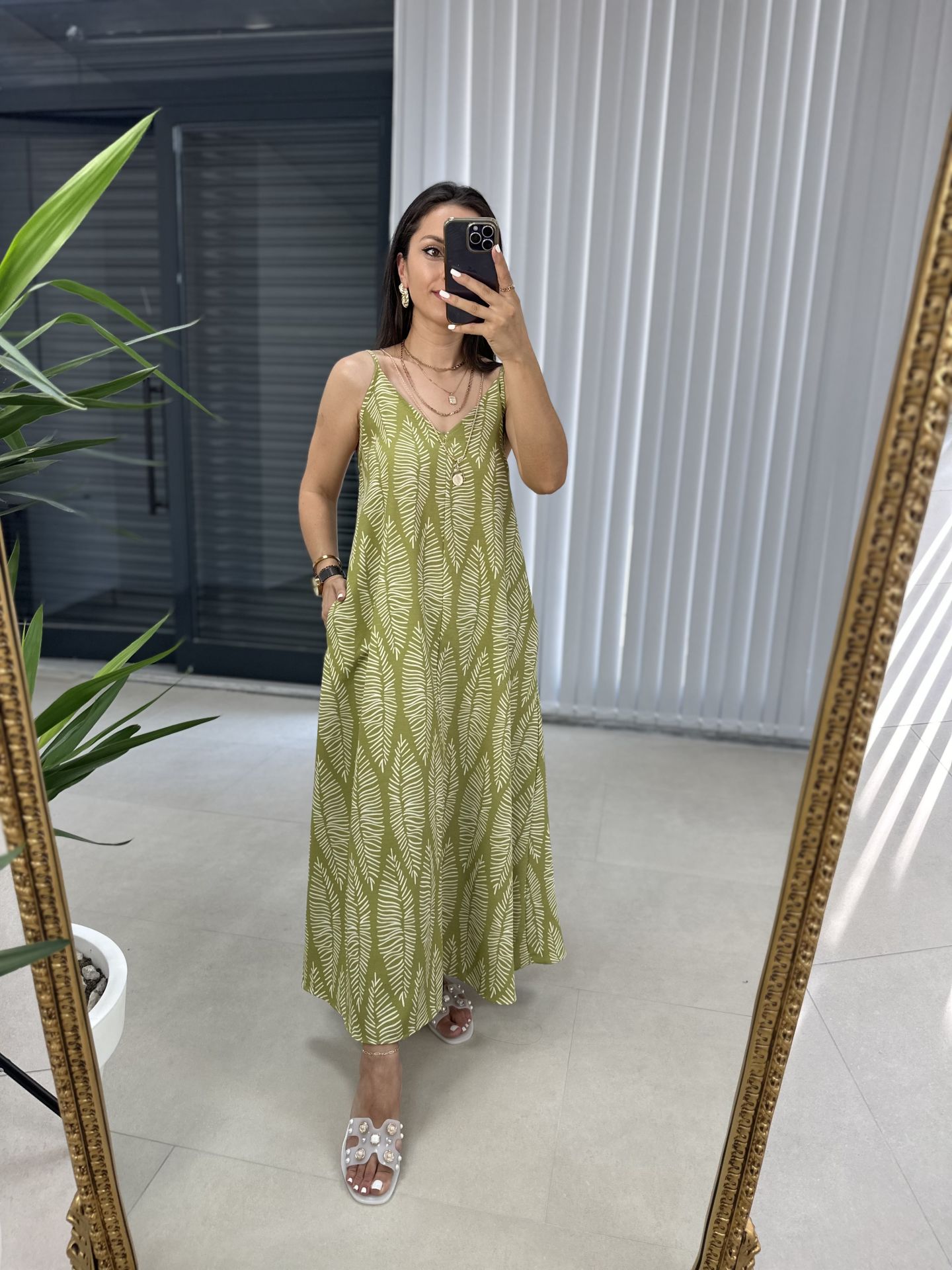 Green Strappy Linen Dress